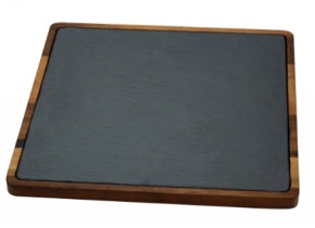 WEB_057401801.jpg VASSOIO RETT.ARDESIA C/SUPPORTO LEGNO NERO/MARRONE 25X25 CM - immagine 1