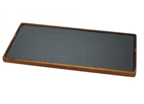 WEB_057401802.jpg VASSOIO RETT.ARDESIA C/SUPPORTO LEGNO NERO/MARRONE 30X20 CM - immagine 1